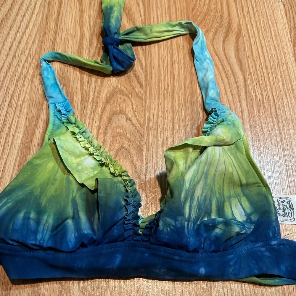 Lucky Brand Tie Dye Halter Bikini Swimsuit Ruffled Blue Green‎ Women's S/M Y2K